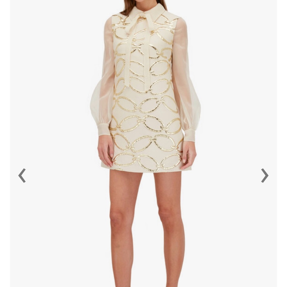 Valentino Cream and gold sheer-sleeved chain-applique mini dress